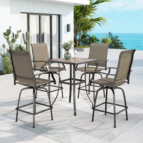 MFSTUDIO 5 Piece Outdoor Swivel Bar Set, Outdoor Bar Table and Chairs Set, Patio High Top Table and Chairs, Patio Dining Set Bar Height Table with 4 Chairs, Brown