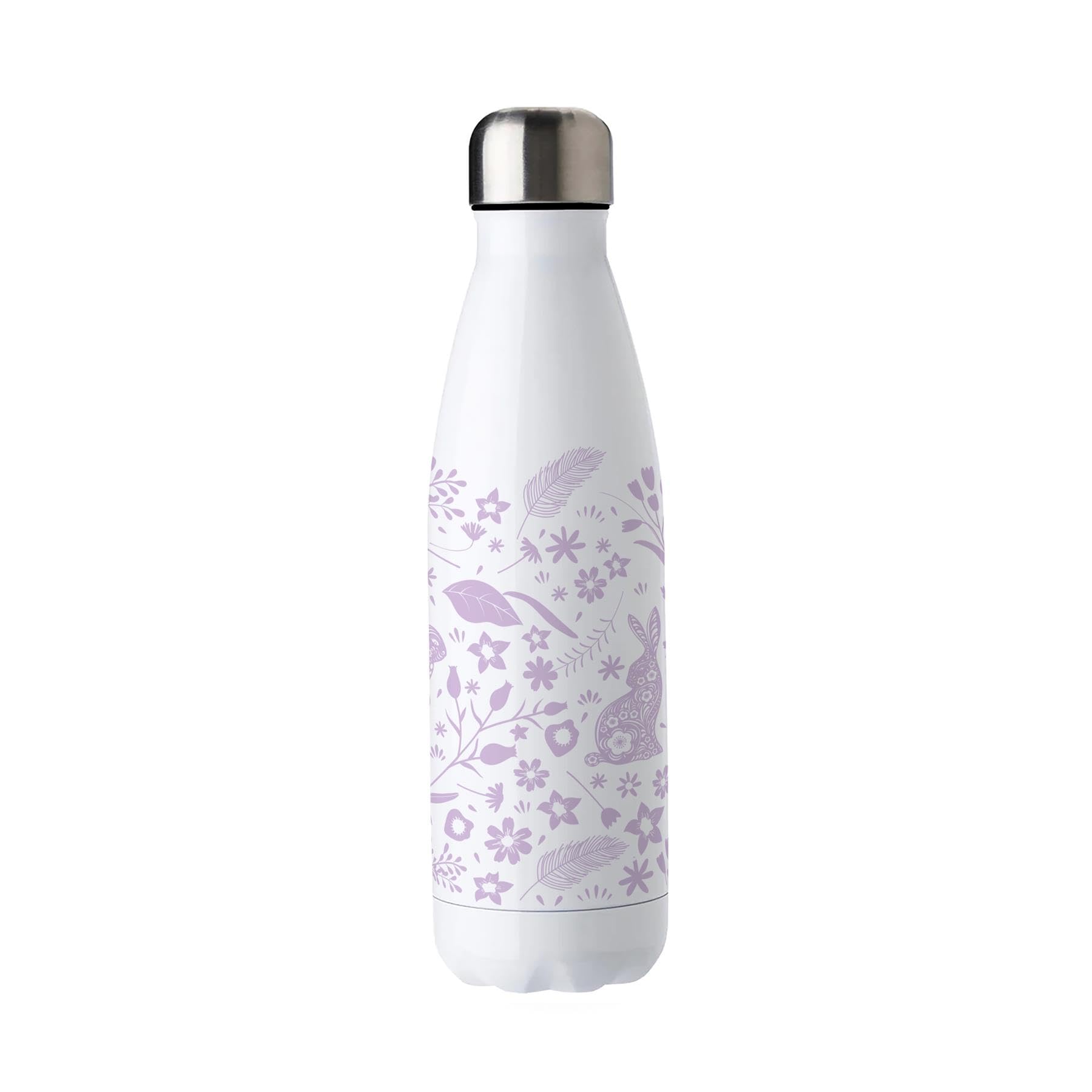 Purely Home Lilac Wild Rabbits Stainless Steel Water Bottle - Floral Presents For Animal Lovers - Double Walled 500Ml Metal Hot/Cold Drinks Bottle Outdoor Gifts