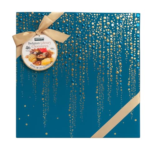Chocolates Belgas de Lujo Signature | Caja Surtida con 46 Piezas | Chocolate Negro, con Leche y Blanco | Pralinés Rellenos con Avellana, Caramelo y Ganache | Ideal para Regalo (46 Piezas, AZUL)