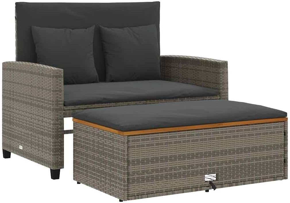 2-Person Outdoor Garden Sofa, PE Wicker Patio Loveseat with Acacia Wood Accents and Powder-Coated Steel Frame, Modern Grey Furniture for Backyard Terrace