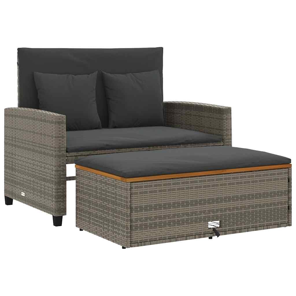 Sofá de jardín de 2 plazas gris de ratán sintético con madera de acacia y cojines, banco para exteriores con respaldo ajustable y taburete, cómodo sofá cama para terraza, fácil de limpiar