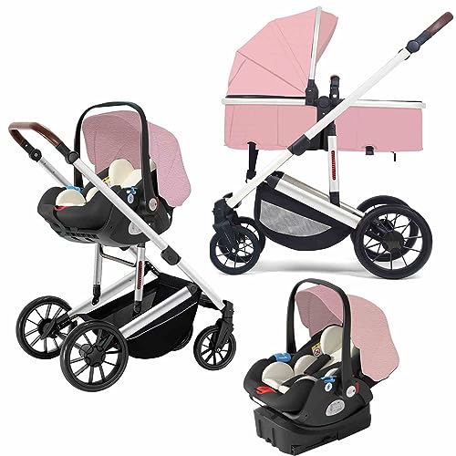 LAVIYE Baby Pram 3 in 1 Baby Travel System Baby Stroller for Toddler Newborn Standard Baby Stroller with Infant Seat Base，5-Point Harness, Foot Cover (Color : Pink)