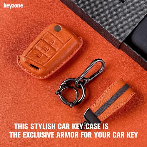 Image of Keyzone Royal Leather Key Cover for Virtus, Kylaq, Slavia, Kodiaq, Kushaq, Taigun, Tiguan, Octavia, Jetta, Superb, Karoq, T-ROC flip Key (Sunburst Orange)