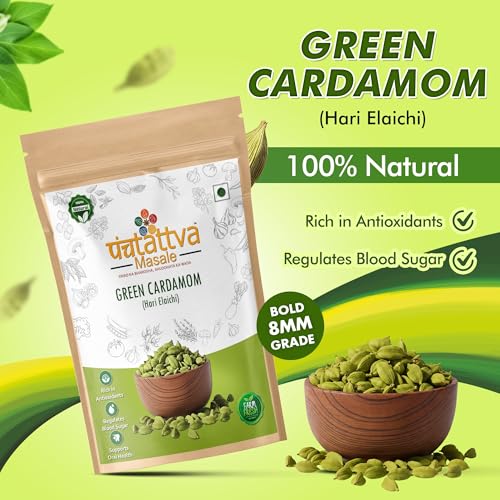 Image of Panchtattva Whole Green Cardamom from Idukki | Premium Hari Elaichi | 8mm Bold Grade | 100% Natural, Fresh & Aromatic | Strong Flavour for Tea, Cooking, Baking & Sweets | Bold Pods for Masala Blends | Pack 1(50gm)