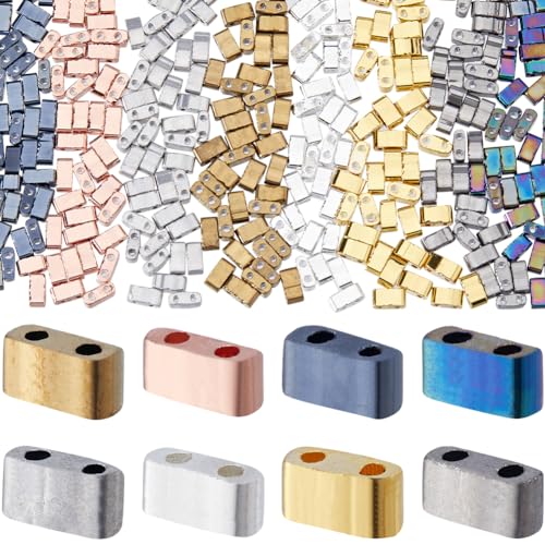 CREATCABIN 320Pcs 2 Hole Tila Beads Half Tila Beads 8 Colors Glass Seed Bulk Rectangle Mix Metallic Colour Mini Opaque Flat Loose Spacer for Craft Bracelet Necklace Earring Jewelry Making