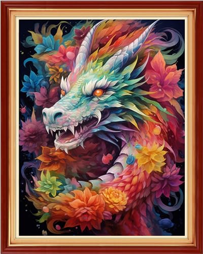 Image of Joyhoor Cross Stitch Kits for Beginners Stamped Cross-Stitch Supplies Needlework preprint Embroidery Kits for Adults DIY Needlepoint Kits Embroidery Patterns 11CT-Colored Dragon Flower 16x20 inchs