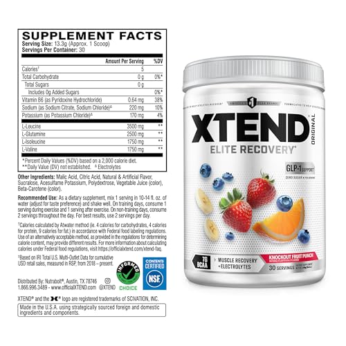 Image of Xtend Original BCAA Powder, 7g BCAAs and 2.5g L-Glutamine for Muscle Recovery Hydration and Lean Muscle, Sugar Free Intra and Post Workout Drink with Electrolytes, Knockout Fruit Punch, 30 Servings