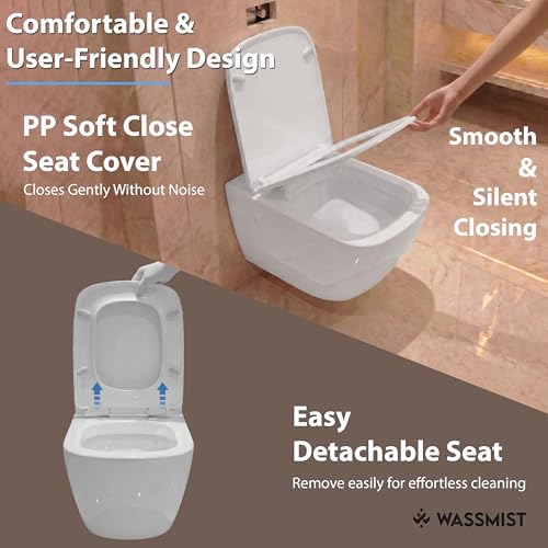 Image of WASSMIST Wall Hung Western Toilet | Rimless Wash Down Ceramic Commode | Modern Space Saving Bathroom WC | Premium Sanitary Ware (White)