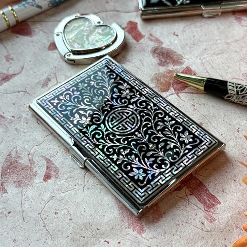 Image of Mother of Pearl Business Card Case Credit Id Name Holder Travel Wallet Art Painting Design Metal Stainless Steel Engraved Slim Purse Pocket Cash Money Wallet (N Arabesque)