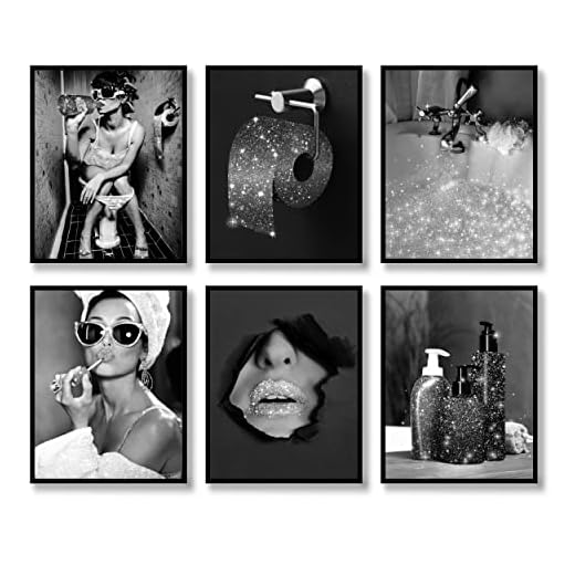 Fashion Wall Art Bathroom Decor Prints Set of 6 Pink Black and White Glam Glitter Tissue Canvas Posters Pictures Photos Bathroom Artwork Wall Modern Women Funny Bathroom (Black and White, 8"x10" UNFRAMED)