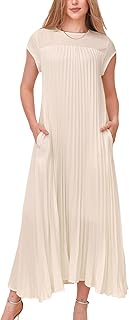 KEOMUD Women Summer Pleated Maxi Dress Casual Short Sleeve Crewneck Flowy Swing Long Dress with Pockets