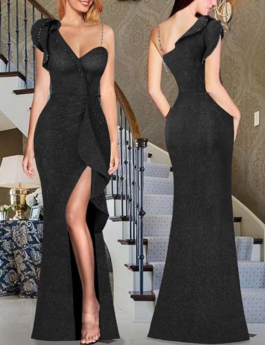 Image of VFSHOW Womens Formal Prom Elegant Ruffle One Shoulder Beaded Strap Ruched Slit Maxi Dress Wedding Evening Long Gown