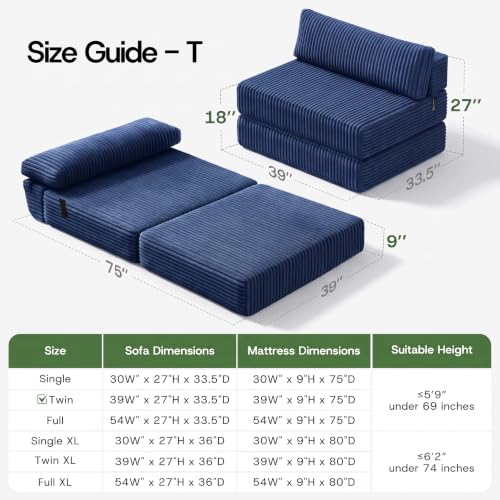 Image of Folding Sofa Bed Convertible 4 in 1 Sleeper Chair Blue Twin