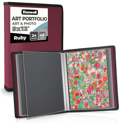 Dunwell Art Portfolio 9x12 Folder (Ruby), Black Mounting Paper, Portfolio Binder for Artwork, 9 x 12 Art Folder, 24 Pockets Display 48 Pages, Acid-Free Poly Presentation Book