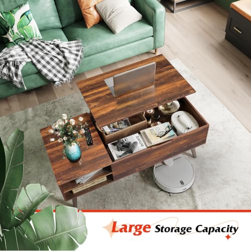 Image of WLIVE Lift Top Coffee Table with Hidden Storage, Adjustable Shelf, Brown | Mid Century Modern Wooden Coffee Table, for Dining /Living Rooms /Offices; 47.2 inchW x 21.7 inchD x 18.5 inchH