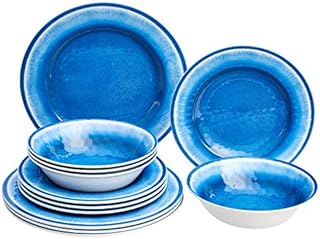 Amazon Basics 12-Piece Melamine Dinnerware Set - Service for 4, Teal Swirl