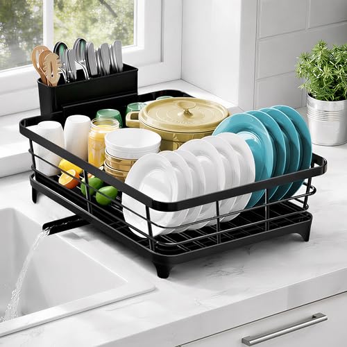 Image of Plantex Stainless Steel Dish Drying Rack /Vessel Drainer Basket with Tray /Smart Drainage Drainboard with Detachable Cutlery Holder /Utensils Drying Rack for Kitchen- (43 X 32 X 12 cm, Black)
