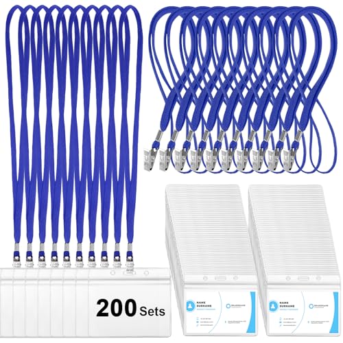 Image of Marspark 200 Sets 4 inchx3 inch Name Badge Holder with Lanyard Bulk, Blue | Waterproof Reusable Plastic with Clip, ID Badges Business School Conference Use, Lanyard Strap for Employees Students Events