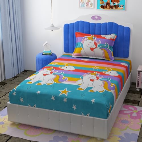 Image of Unicorn Combo Bedsheet Set with Comforter for Kids | Soft & Cozy Bedding Set | Lightweight Pillow | Cute Unicorn Print Single Bed 1 Bed Sheet abd 1 Pillow Cover