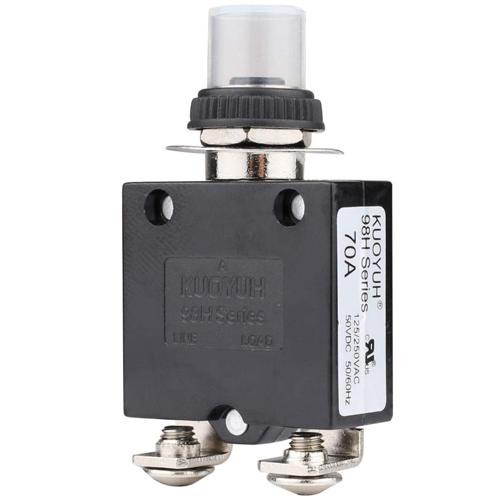 Clyxgs Thermischer Schutzschalter, 70A 125 / 250V AC 32V DC, Drucktasten-Reset, Überlastschutz mit Schnellanschlussklemmen und wasserdichter Tastenabdeckung