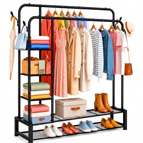 YasTant Heavy Duty Clothes Rail for Bedroom Double Hanging Rail Metal Clothing Rail with 3 Side Shelves and 4 Coat Hooks Freestanding Clothes Rack for Bedroom Living Room 120kg (Black)
