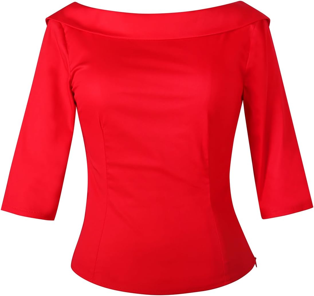 YARN & INK Women's 1950s Vintage Pinup Tops, Back Bow Tie Cute Rockabilly Elegant Shirt, Medium Sleeves Blouse
