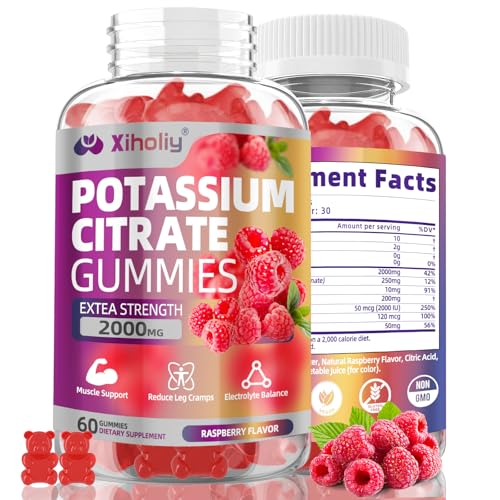 Potassium Citrate Gummies 2000mg High Potency Electrolyte Gummies Potassium Supplement with Magnesium glycinate Zinc Vitamin C D3 K2 for Electrolyte Balance Leg Cramps Muscle Support 60 Chews
