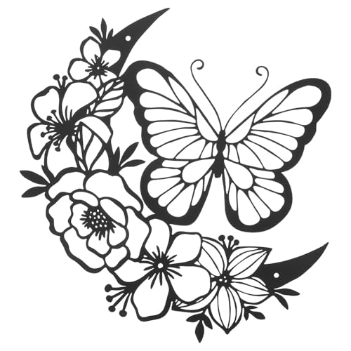 Decoración de pared de metal DEEPCRAFF con flores y mariposas de hierro negro