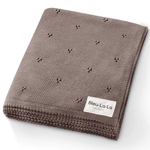 Image of Bleu La La Organic Unisex Pointelle Receiving Swaddle Blanket for Boys & Girls - 100% Luxury Organic Soft Cotton Knit Warm Cozy Cuddle Stroller Crib Blanket for Newborns, Infants, & Toddlers (Mocha)