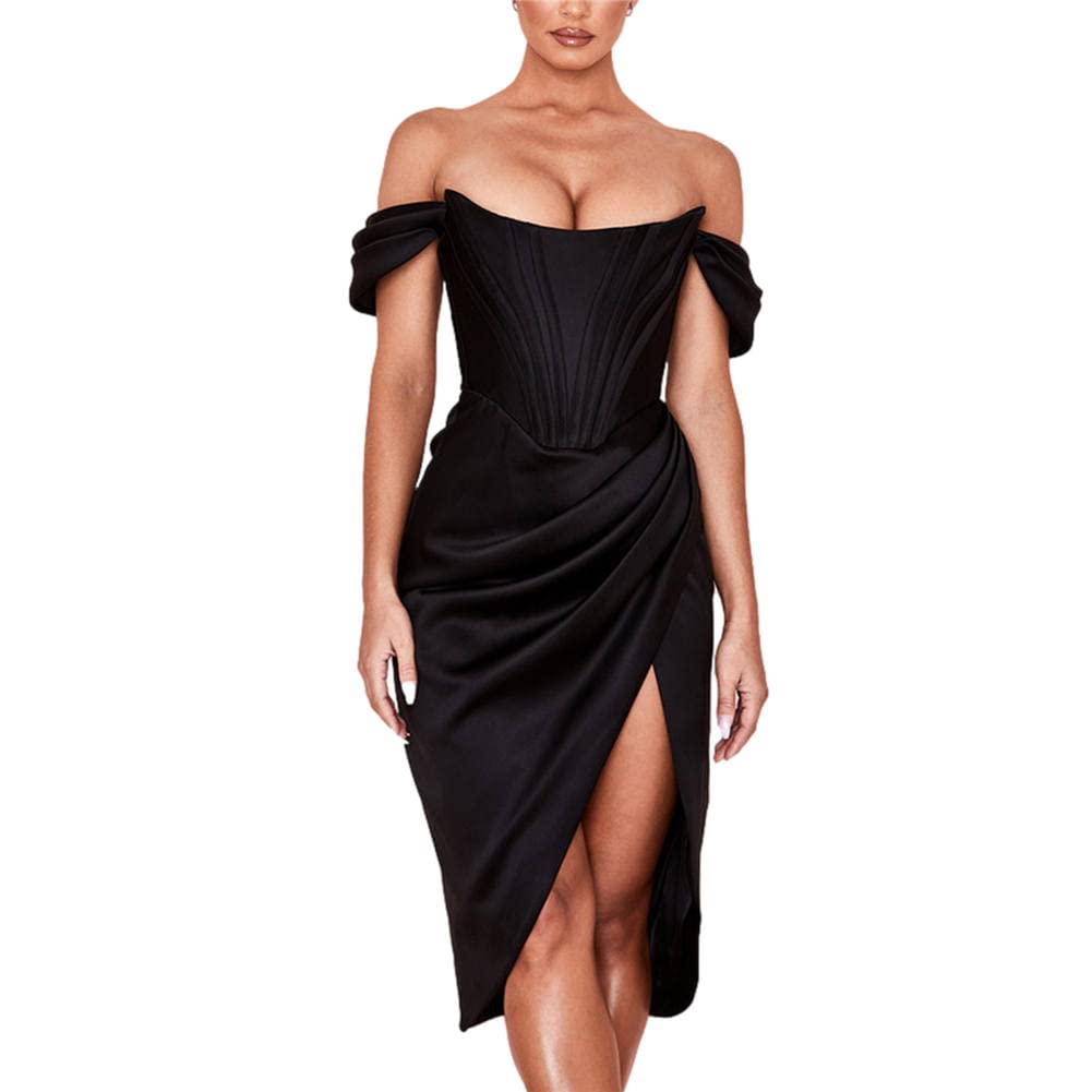 Greetuny Women Sexy Off-Shoulder Dress, Solid Color Elegant Banquet Dress High Waist Side Split Draped Bodycon Midi Dress