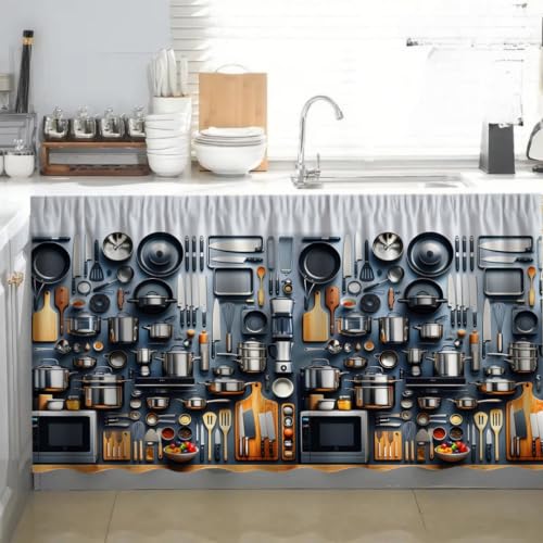 Image of Premium Printed Kitchen Sink Curtain | Washable & Dustproof Rod Pocket Counter Skirt | Perfect for Any Sink | Multicolor Cooking Theme Decor for Home & Kitchen(150cm X 70cm) (Vasan)