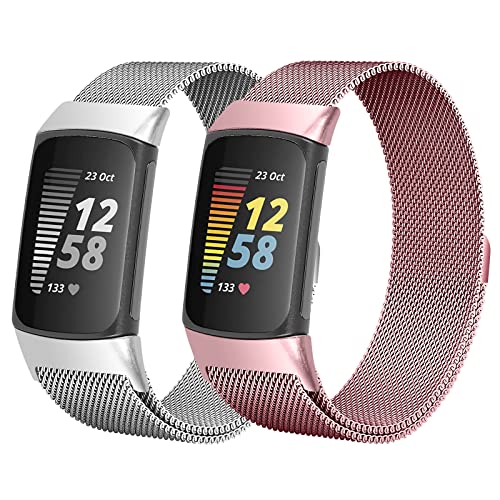 Vomulato Metal Bands Compatible with Fitbit Charge 5, Women Men Magnetic Adjustable Bracelet Strap Stainless Steel Replacement Wristband for Fitbit Charge Smart Watch (Large, Silver-Rose Pink)