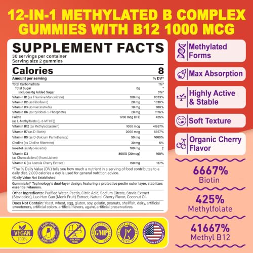 Image of Methylated Vitamin B Complex Gummies, Active Vitamins B, Sugar Free, 60ct | 12-in-1 Multivitamin w / 1000 mcg Methyl B12, 2000 mcg Biotin, Methylfolate, Inositol for Women & Men, Energy, Brain, Hair