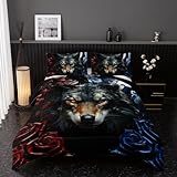 Nttopship Wolf Bedding Set Queen Size,Blue and Red Roses Comforter Set 3 Piece for Girls Boys Kids Teens,Wildlife Bed in a Bag Sets 3D Wild Animal Print Bedding Set Comforter with 2 Pillowcase