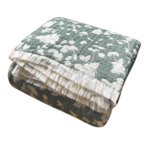 Image of Queen 100% Cotton Muslin Blanket with Tassel All Seasons Sage Green 4-Layer | Breathable, Soft & Lightweight, Crinkle Texture, for Bed, Couch, Throw, Shawl, for Hot Sleepers, Home Decor