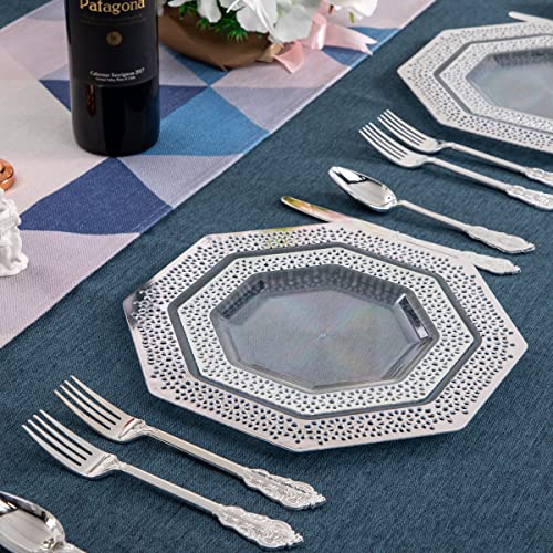 Dayammi 150Pcs Silver Plastic Plates Disposable Clear Plastic Plates With Silver Plastic Silverware Include 30 Party Dinner Plates,30 Dessert Plates,30 Fork,30 Knives,30 Spoon For Wedding Party #TOP5