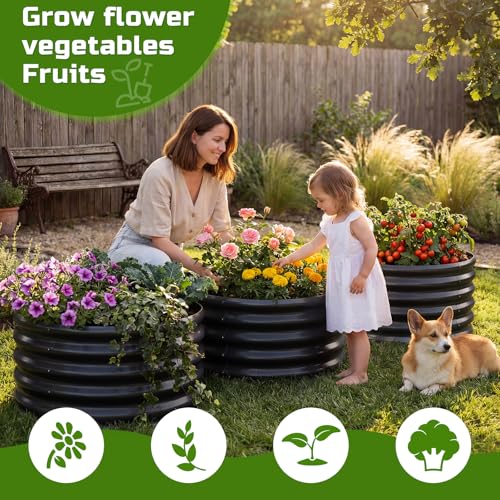 Image of AHEONLAR 3PCS 2x2x2FT Galvanized Raised Garden Bed Kit Round Metal Flower Box Large Planter Raised Beds Outdoor Garden for Planting,Fruit,Herb Black