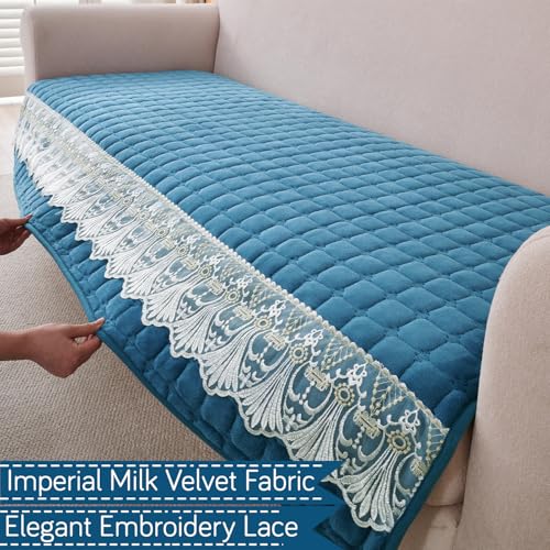 Image of HOKIPO 'BelleLace Series' 5 Seater Sofa Cover Mat in 3+2 Seater Combination | Imperial Milk Velvet with Anti Slip Backing, Celadon Blue (AR-5966+5964-BL)