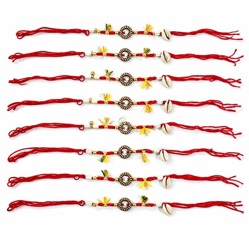 Arrakasta Crafts Traditional Red Cotton Spiritual Thread Kangan Dora For Wedding Bride Groom Guests Rituals, Handcrafted With Cowrie Shells, Beads, Tassels & Golden Accents, Raksha Sutra Moli Dhaga Kalava For Hand Haldi Mehandi Daily Pooja, Vrat & Festivals Ceremonies