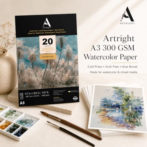 Image of ArtRight Artists' Watercolor Paper A3 300 GSM - 20 Sheets of Handmade Rough Grain Water Colour Papers for Watercolour, Acrylic, Gouache, Ink & Mixed Media