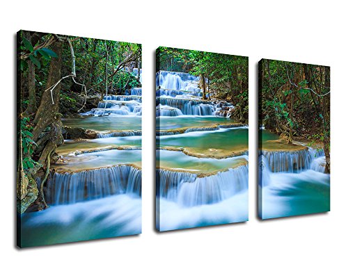Waterfall Canvas Wall Art Blue Stream River in Green Forest Pictures Canvas Artwork - 3 Pieces Canvas Art 30
