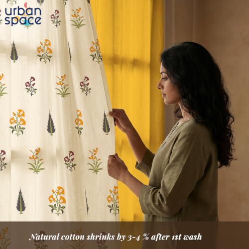 Image of Urban Space Floral 100% Cotton Curtains For Window, Set Of 3 Curtains 5 Feet Long, 60-65% Light-Filtering Curtain, Tieback&Eyelets Included With Curtains For Home Decor (High Garden & Yellow, 5 Feet)