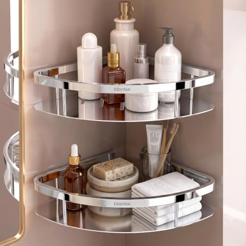Image of Plantex Bathroom Corner Shelf for Wall Mount /304 Grade Stainless Steel Corner Shelf for Bathroom with Railings /Bathroom Accessories - Pack of 2 (9x9 inches, Chrome)