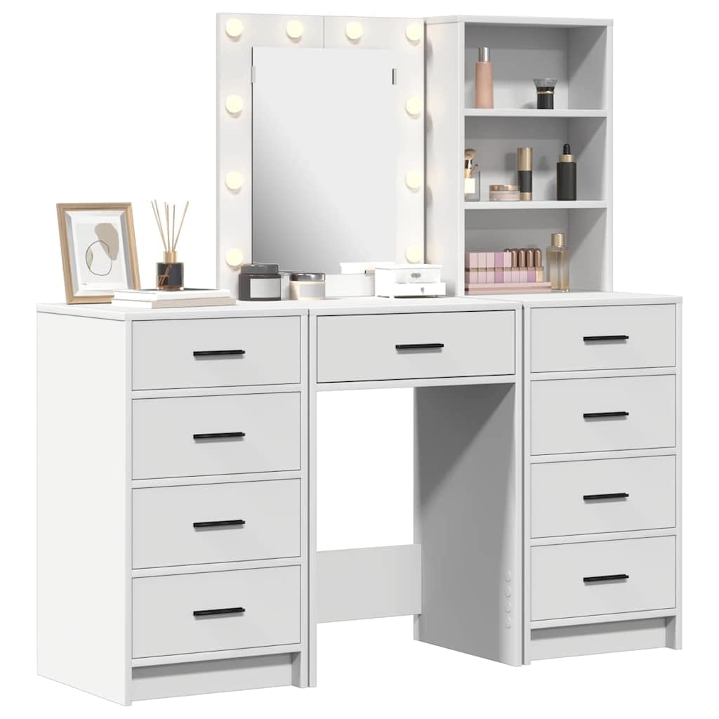 Schminktisch 3-teilig Weiß Holzwerkstoff mit LED-Spiegelbeleuchtung und viel Stauraum für moderne Schlafzimmer, Frisiertisch, Kosmetiktisch, Make-up-Tisch, Organizer, stilvoll und funktional