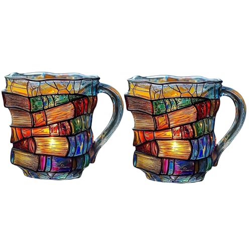 FkYstrix Coffee Mug Painted Book Mugs Library 3D Painted Glass Unique Books Stack Coffee Cup for Hot Or Cold Brews Gifts for Women Readers Writer, 2pcs