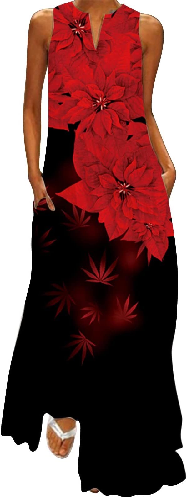 SNKSDGMWomens Summer V Neck Tank Maxi Dress Boho Vintage Floral Loose Pockets Long Dress Sleeveless High Waist Beach Sundress