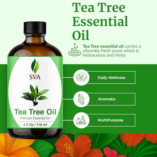 Image of SVA Tea Tree Essential Oil 4 Fl Oz - for Diffuser, Skin & Hair Care - Ideal for Massage & DIY Blends - with Dropper