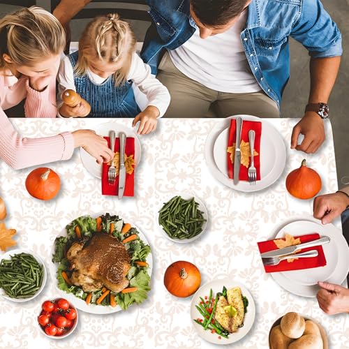 Image of 3-Pack 54 x 108 Inch Pastel Pumpkin Thanksgiving Plastic Tablecloth - Elegant Fall Table Cover with Watercolor Pumpkins and Floral Accents for Autumn Dinner, Harvest Parties, and Friendsgiving Decor