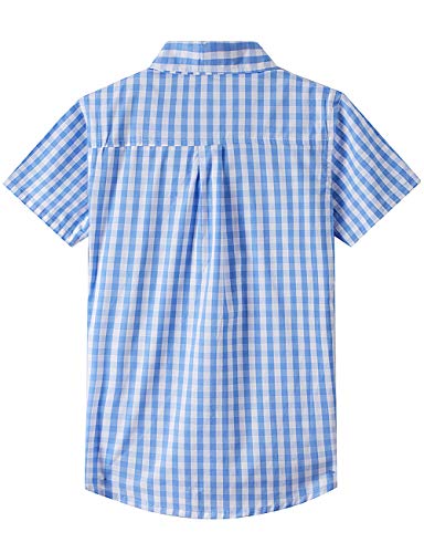 Spring&Gege Boys' Short Sleeve Poplin Button Down Shirt Plaid Uniform Dress Shirts, Blue Large Check Gingham, 7-8 Years #TOP1