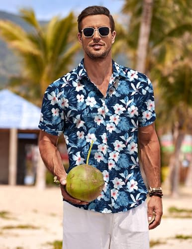 Image of COOFANDY Men's Linen Shirts Short Sleeve Casual Shirts Button Down Shirt for Men Beach Summer Wedding Shirt